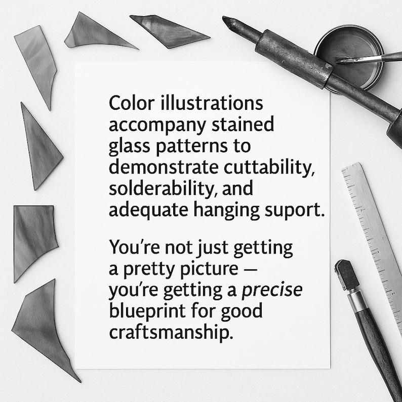May include: A white sheet of paper with text and tools for stained glass art. The text reads, "Color illustrations accompany stained glass patterns...blueprint for good craftsmanship." Tools include a soldering iron, glass cutter, and ruler.
