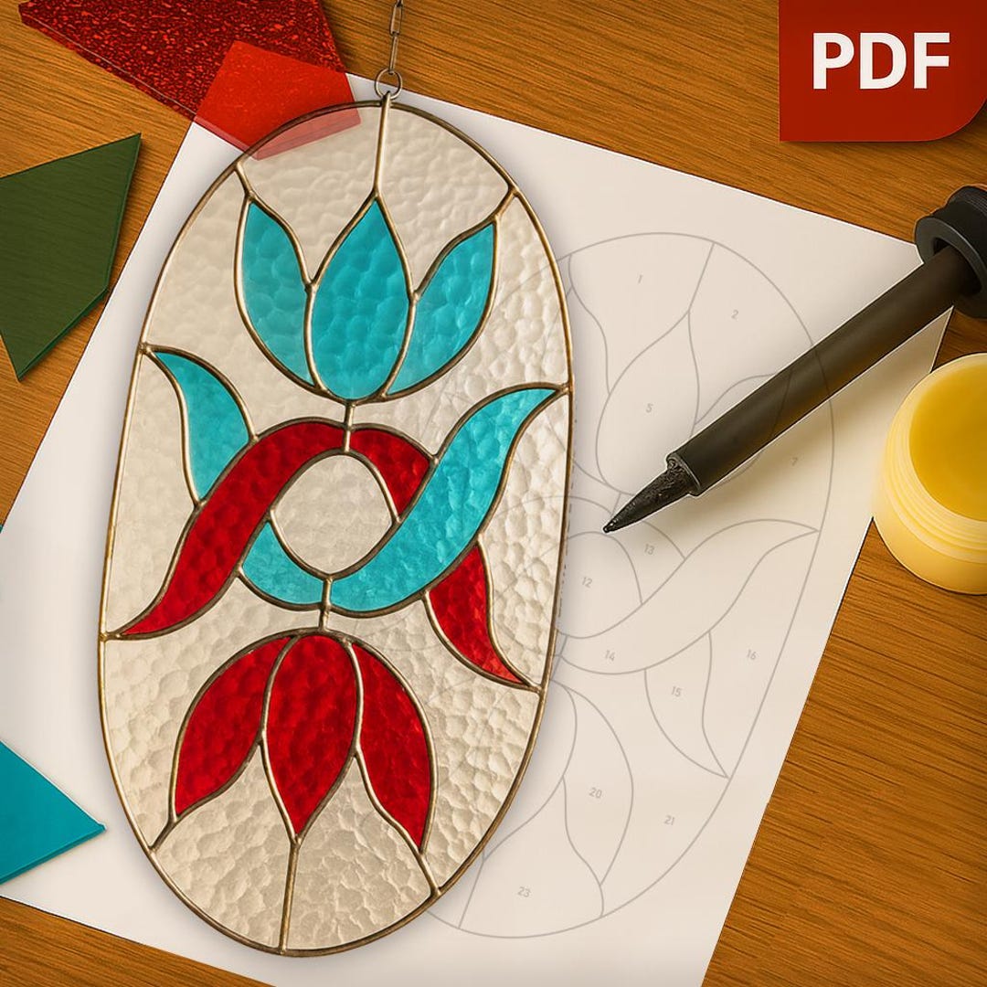 ステンドグラス　チューリップ楕円 レトロな花柄ステンドグラスパターンPDF、DIY装飾用の楕円形