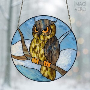 Mönster av målat glasuggla, utskrivbar mall för fönsterpanel eller stående display