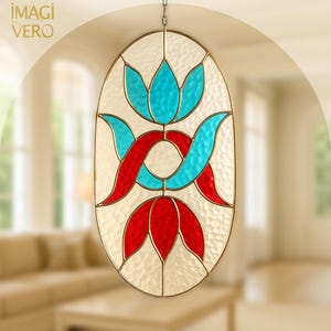 May include: An oval stained glass window featuring a floral design in red and turquoise against a textured white backdrop. The window is framed in gold and suspended by a chain. The text "IMAGI VERO" is in the upper left corner.