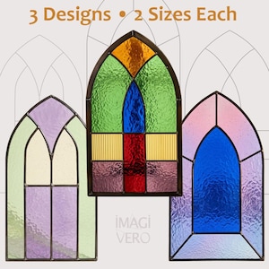 May include: Three arched stained glass window panels with dark metal frames. The left panel features light green and lavender glass. The center panel displays orange, green, blue, yellow, and red glass. The right panel shows blue and pink glass.