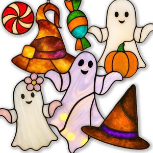 May include: A collection of stained glass suncatchers featuring two ghosts, one holding an orange pumpkin, a second ghost with a pink flower, two witch hats in orange and brown, a red and white peppermint candy, and a green and orange wrapped candy.