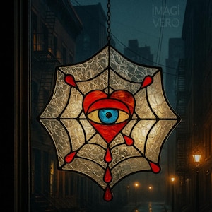Puede incluir: Vidriera artística con un ojo en forma de corazón dentro de un diseño de telaraña. El corazón y las lágrimas son rojos, el ojo es azul y la telaraña es dorada. Cuelga de una cadena, con el texto "IMAGI VERO".