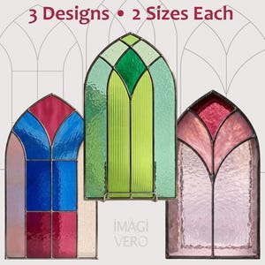May include: Three arched stained glass panels with dark metal frames. The left panel features blue and red glass. The center panel has green glass with vertical textures. The right panel contains pink and red glass. Text reads: 3 Designs • 2 Sizes Each.