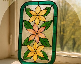 ステンドグラスのパターンPDF、フリーハンドの花柄パネル、中級