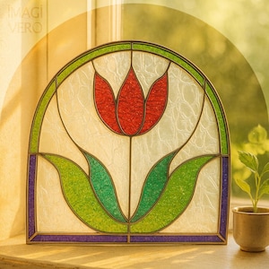 May include: A stained glass window panel featuring a red tulip flower with green leaves. The panel has a semi-circular shape with a green and purple border. The background is a textured, off-white color. The text "IMAGI VERO" is visible in the upper left corner.