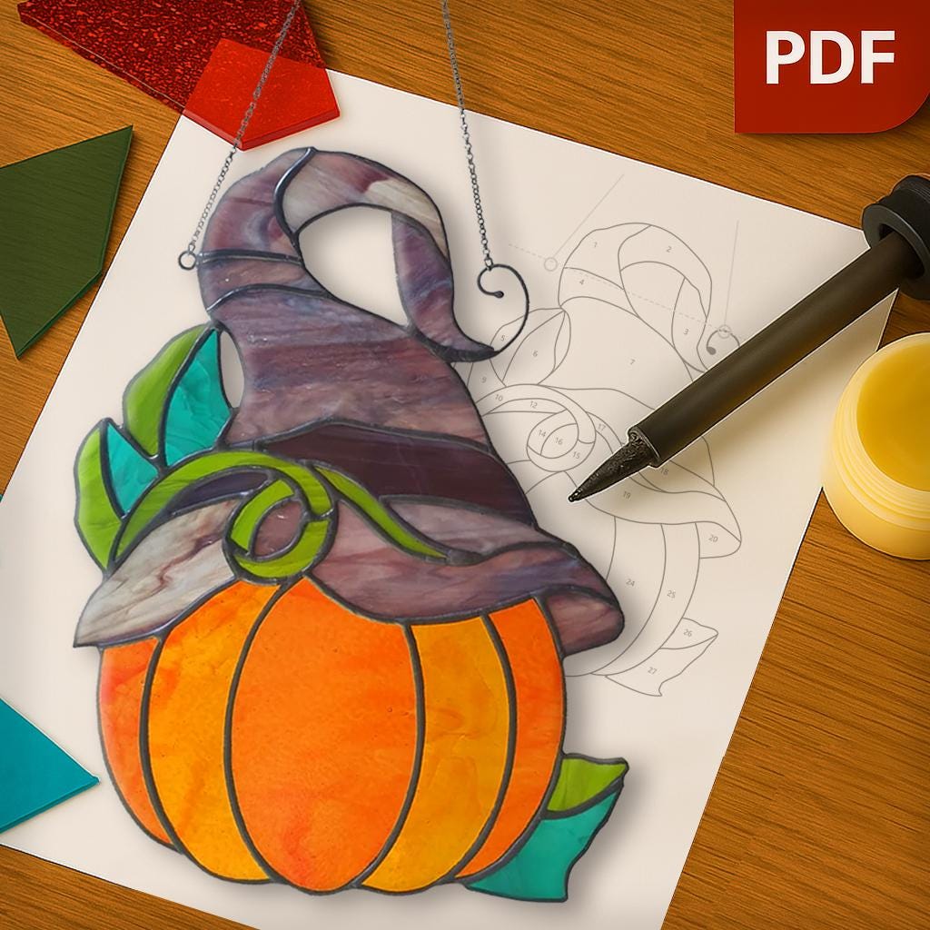 かぼちゃ魔女帽子のステンドグラスの型紙（PDF）、DIYデコレーション用