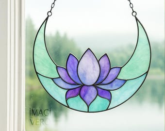 Lotus Moon Stained Glass Pattern, Crescent Suncatcher Template, Beginner PDF Design