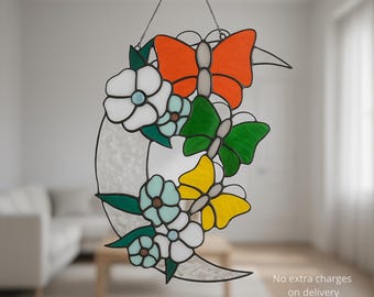 Stained Glass Suncatcher Butterflies & Blossoms on the Crescent Moon