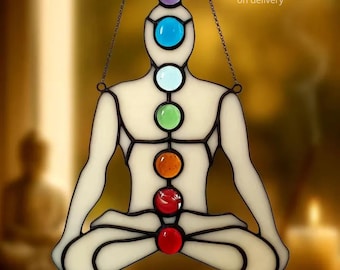 Stained Glass Chakra Suncatcher – Meditating Yoga Figure with Rainbow Cabochons