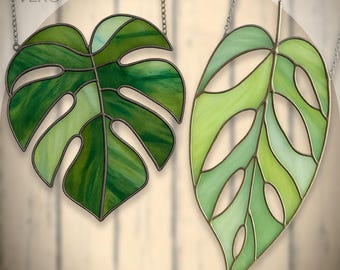 Monstera Stained Glass Patterns PDF – Set of 2 Tropical Leaf Templates