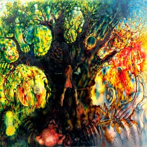 May include: Surrealist painting with a central tree figure, featuring vibrant colors and distorted human forms. A small figure in a red dress stands near a butterfly. The artwork blends organic and abstract elements, creating a dreamlike composition.