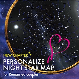 Carte du ciel personnalisée pour couples remariés - Impression numérique personnalisée du ciel nocturne pour un deuxième mariage et des familles recomposées