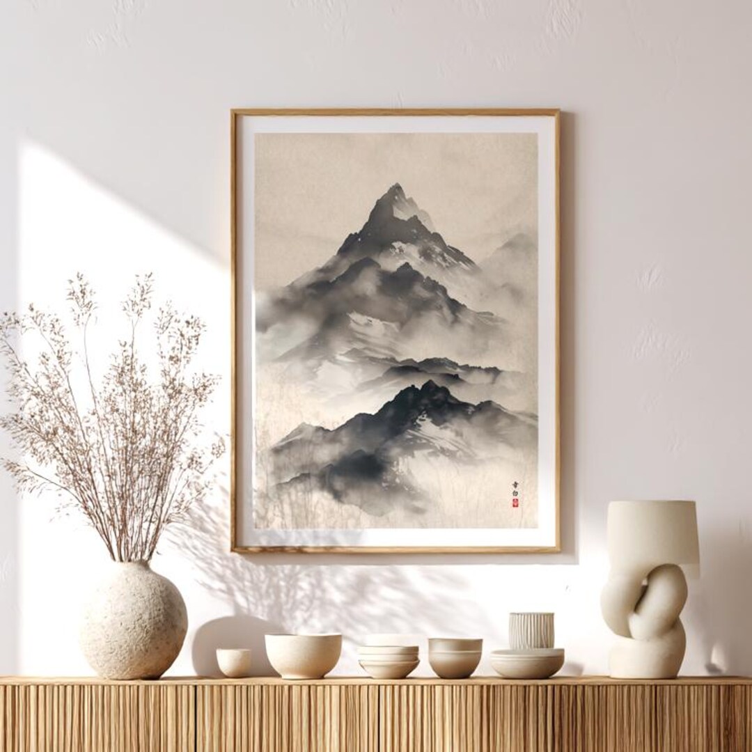 Sumi-e Mountain Landscape Print, Japanese Ink Wash Art, Minimalist Zen ...