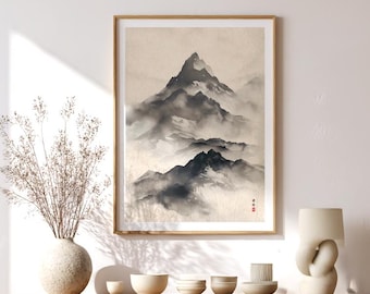 Sumi-e Mountain Landscape Print, Japanese Ink Wash Art, Minimalist Zen Wall Art, Digital Download, Wabi Sabi Abstract Poster