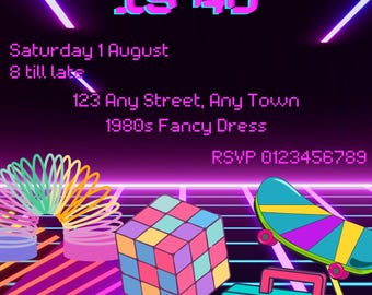 1980s Neon Digital Invitation – Retro Party Invite – 80s Themed Birthday – Editable Template – Instant Download