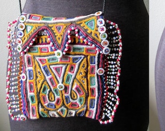 Antique Rabari Hand Mirror Embroidered Beaded Kutch Dowery Bag Purse