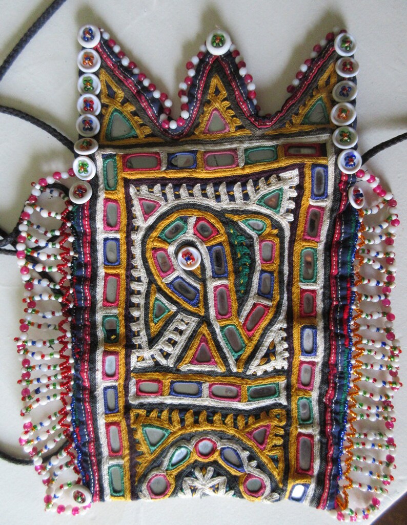 Antique Rabari Hand Mirror Embroidered Beaded Kutch Dowery Bag Purse image 2