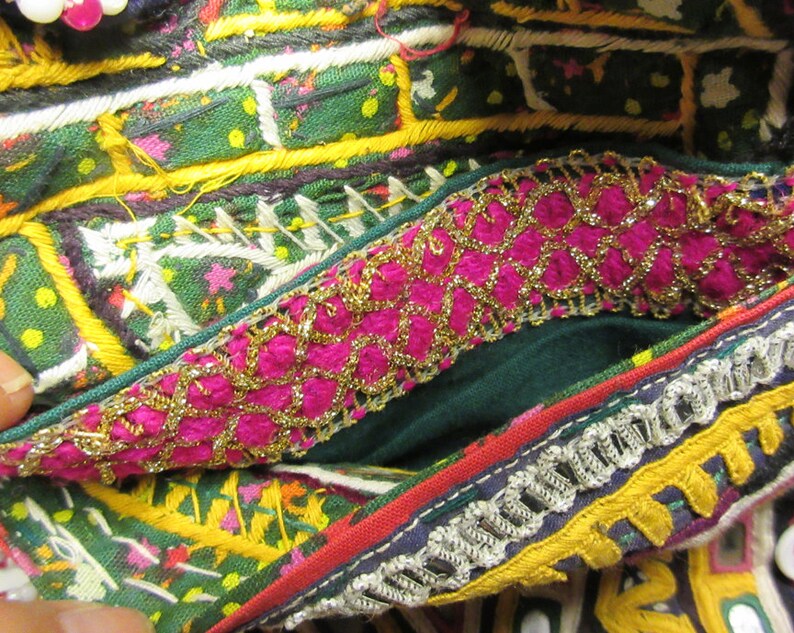 Antique Rabari Hand Mirror Embroidered Beaded Kutch Dowery Bag Purse image 5