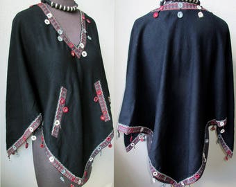 Rajastani Pashmina Poncho Kutch Embroidered Trim with Mirror Dangles