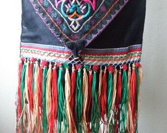 Antique Chinese Embroidered Beaded with Fringe Silk Tribal Shoulder Bag