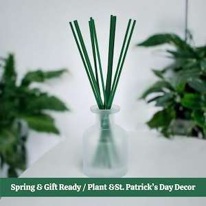 May include: A frosted glass diffuser bottle with green reeds. The bottle sits on a white surface, with green plants in the background. The text at the bottom reads "Spring & Gift Ready / Plant & St. Patrick's Day Decor."
