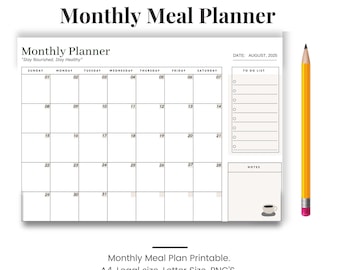 Monthly Meal Planner Printable, Monthly Food Diary, Meal Tracker, Food Journal, Menu Plan & Prep, Meal List, Diet
