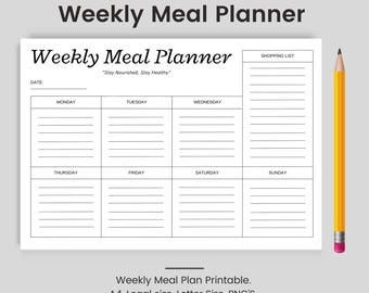 Meal Planner Printable, Weekly Meal Planner, Shopping List Meal Planner, Food Journal, Menu Plan and Prep, Shopping Grocery List, Fitness