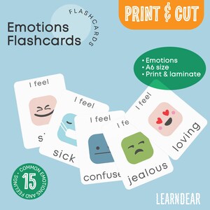 May include: A collection of emotion flashcards with the text "Emotions Flashcards" and "Print & Cut". Each card features a different emotion, such as "sick", "confused", and "loving", with corresponding facial expressions. The cards are A6 size.