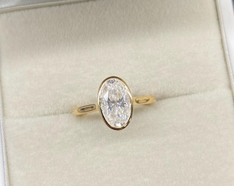 2CT Oval Lab Grown Diamond Bezel Engagement Ring, 14K Yellow Gold Solitaire Ring, Minimalist Oval Ring, Dainty Promise Ring, Gift for Her