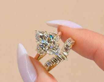 2CT Marquise Cut Lab Grown Diamond Engagement Ring, Moon Side Stone Ring, Half Eternity Baguette Wedding Band, Bridal Ring Set, Wedding Gift