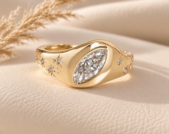 1Ct Marquise Lab Grown Diamond Signet Ring, Bezel Set Engagement Ring, Starburst Diamond Band, Yellow Gold Statement Ring,Unique Bridal Ring