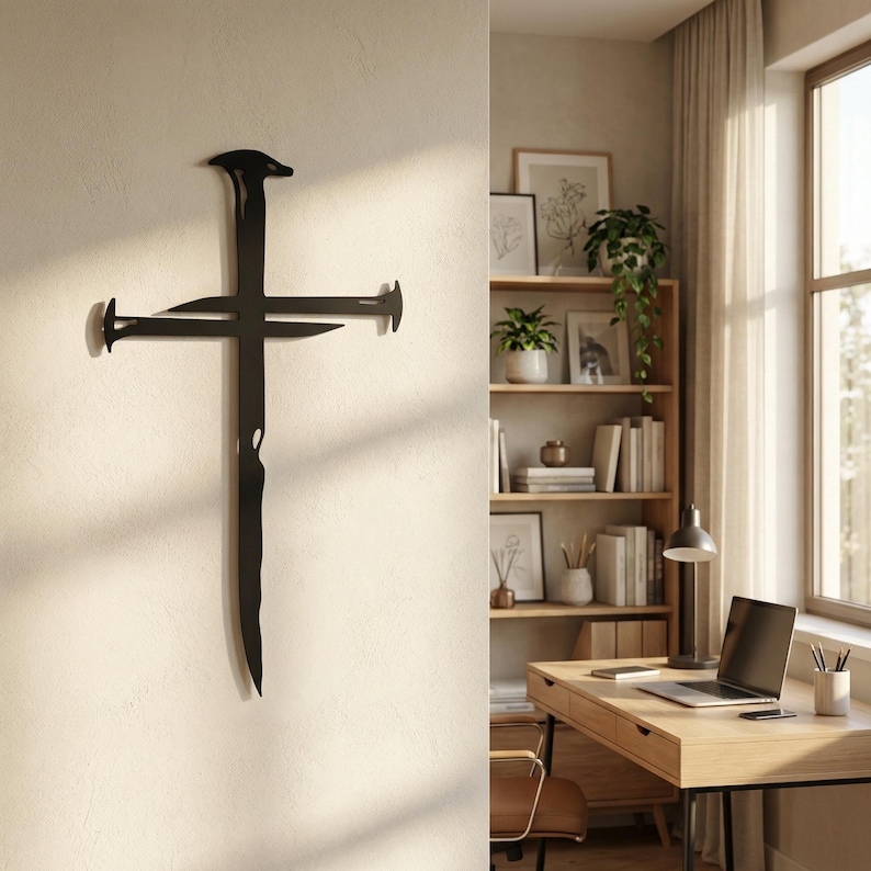 May include: Black metal cross wall art. The cross is made to look like it is constructed from nails. The cross is mounted on a white wall. The cross is in a room with a desk, chair, and bookshelf.