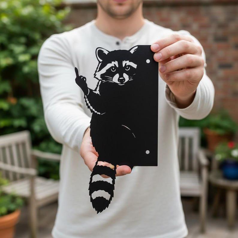 Metal Racoon Panel Funny Raccoon Metal Sign, Middle Finger Raccoon, Peeping Middle Finger ...