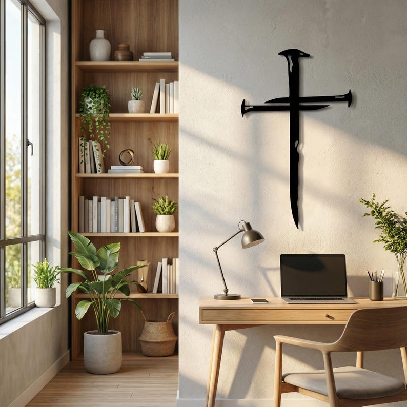 May include: A black metal cross sculpture, mounted on a white wall. The cross is made to look like it is constructed from nails. The sculpture is a decorative piece for a home or office.