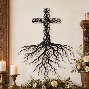 May include: A black wall-mounted cross sculpture featuring an intricate design of intertwined branches that extend downward into a sprawling, detailed root system. The piece is crafted from a flat, solid material with a matte finish.
