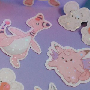 cute pink Pokémon sticker bundle includes clefable, tandemaus duo, dragonair and Flaffey