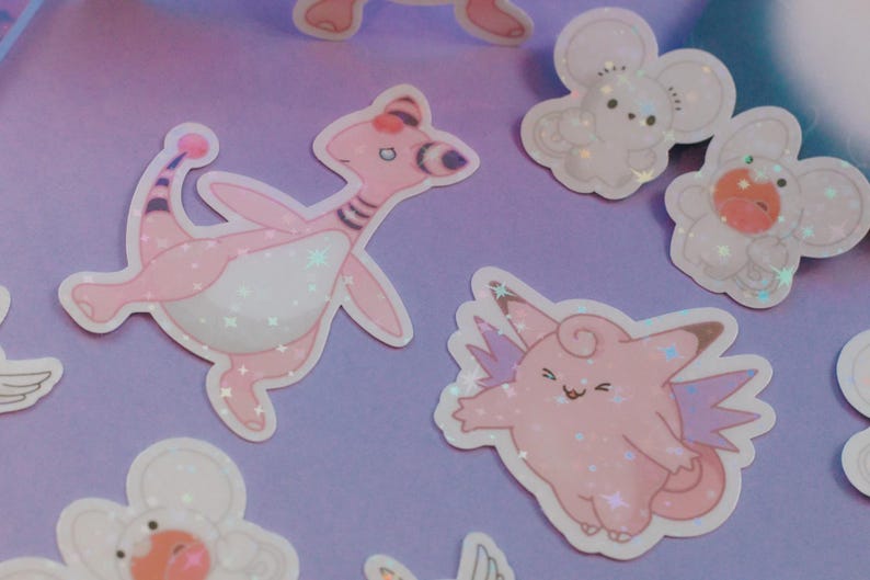 cute pink Pokémon sticker bundle includes clefable, tandemaus duo, dragonair and Flaffey
