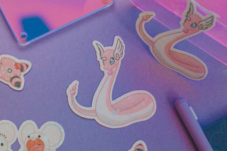 cute pink Pokémon sticker bundle includes clefable, tandemaus duo, dragonair and Flaffey