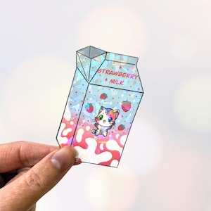 Holographic Strawberry Milk Carton Cat Sticker - Kawaii Rainbow Calico Kitty Vinyl Sticker for Journals, Laptops & Water Bottles