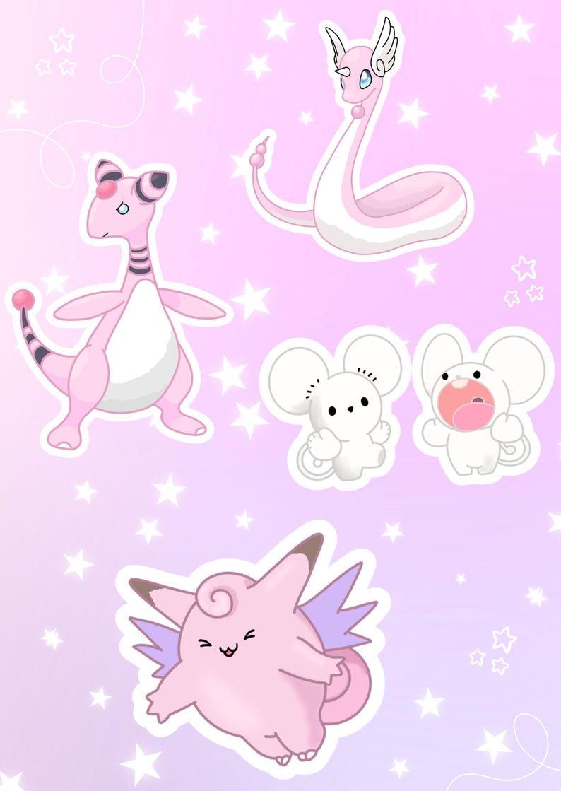 Pink Cute Pokemon Sticker Bundle - Holographic Vinyl Stickers image 4