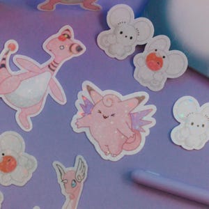 cute pink Pokémon sticker bundle includes clefable, tandemaus duo, dragonair and Flaffey