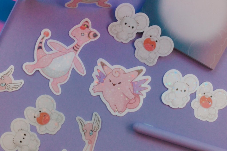 cute pink Pokémon sticker bundle includes clefable, tandemaus duo, dragonair and Flaffey
