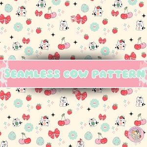 Kawaii Cow Farm Seamless Pattern - Cute Pastel Moo Meadows Digital Print - Commercial Use