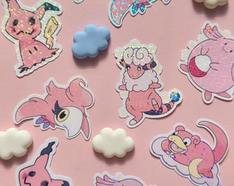 Paquete de pegatinas de Pokémon rosas: pegatinas holográficas de vinilo para teléfonos, portátiles y botellas de agua.