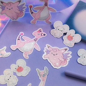 cute pink Pokémon sticker bundle includes clefable, tandemaus duo, dragonair and Flaffey