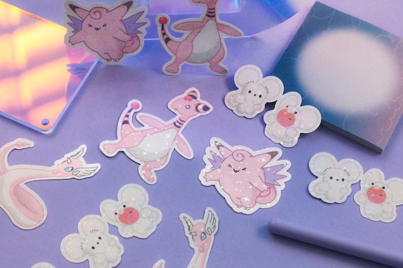 cute pink Pokémon sticker bundle includes clefable, tandemaus duo, dragonair and Flaffey