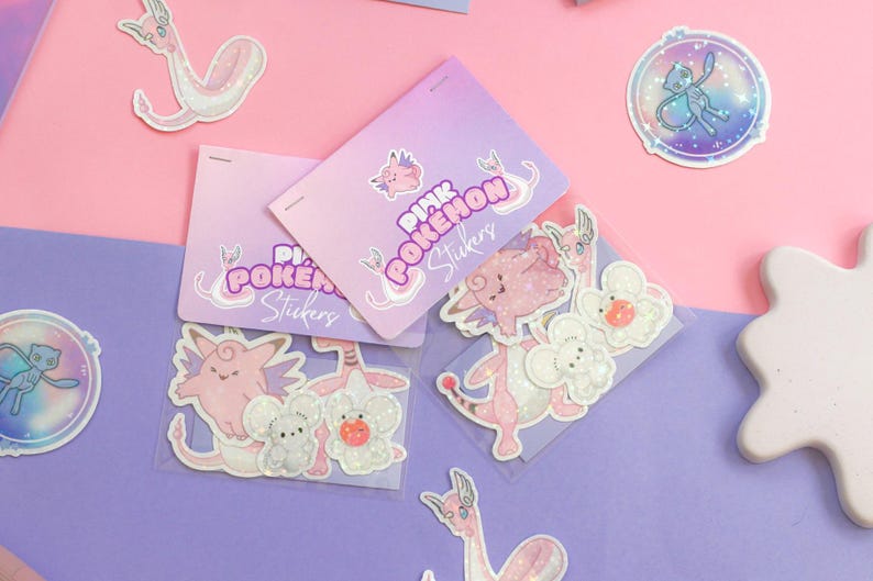 Pink Cute Pokemon Sticker Bundle - Holographic Vinyl Stickers image 2