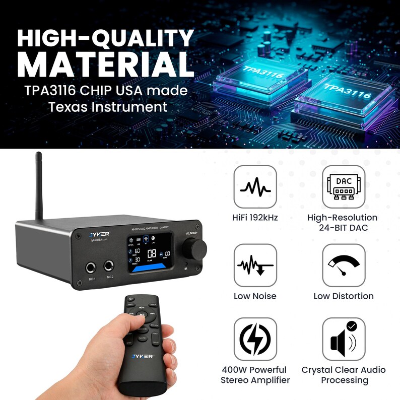 Hi-Fi DAC Home Audio Amplifier - Bluetooth 5.2 400W, 2 Channel Class D, TPA3116 - JAMP79 imagen 2