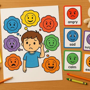 Emotion Flashcards + Coloring Page | Social-Emotional Learning Printable for Kids | Calm Corner Activity | Preschool Emotions Chart